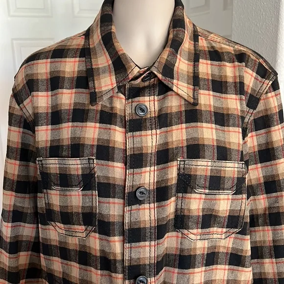 Coach men’s plaid black/tan/red heavy wool button down shirt, size Large - Picture 3 of 11